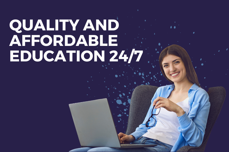 photo of women sitting in chair with laptop. caption says Quality and affordable Education 24-7